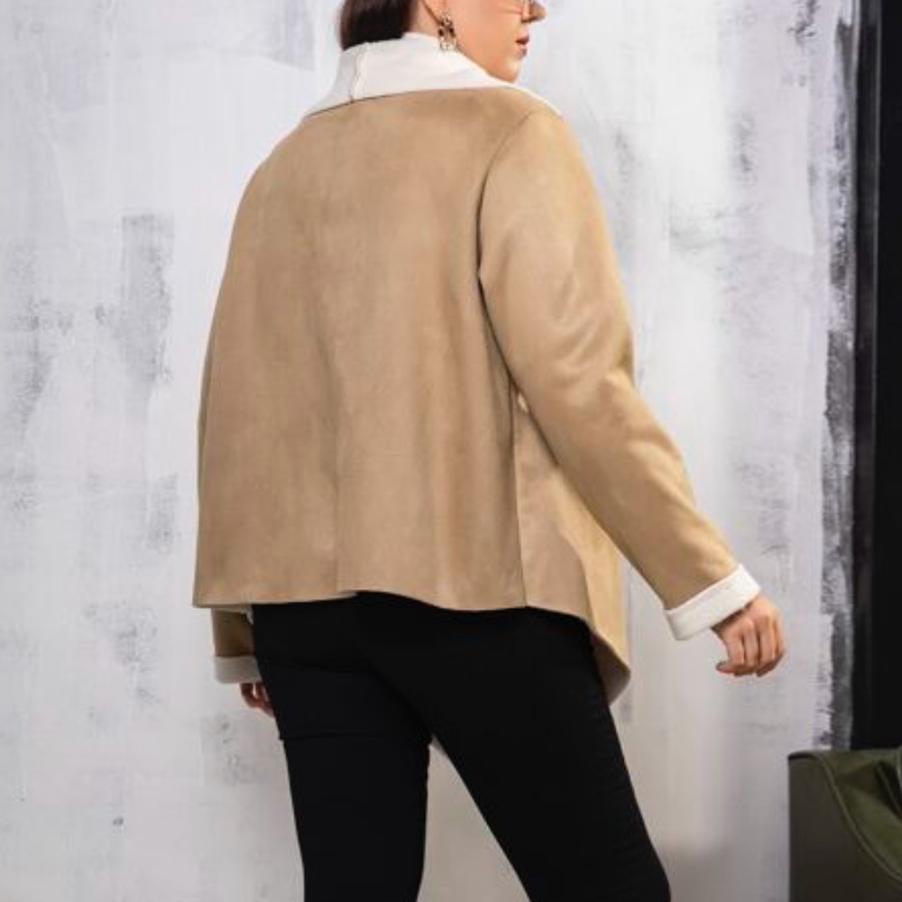 Plus Khaki Tan Vegan Suede Open Front Waterfall Jacket - Picture 3 of 4